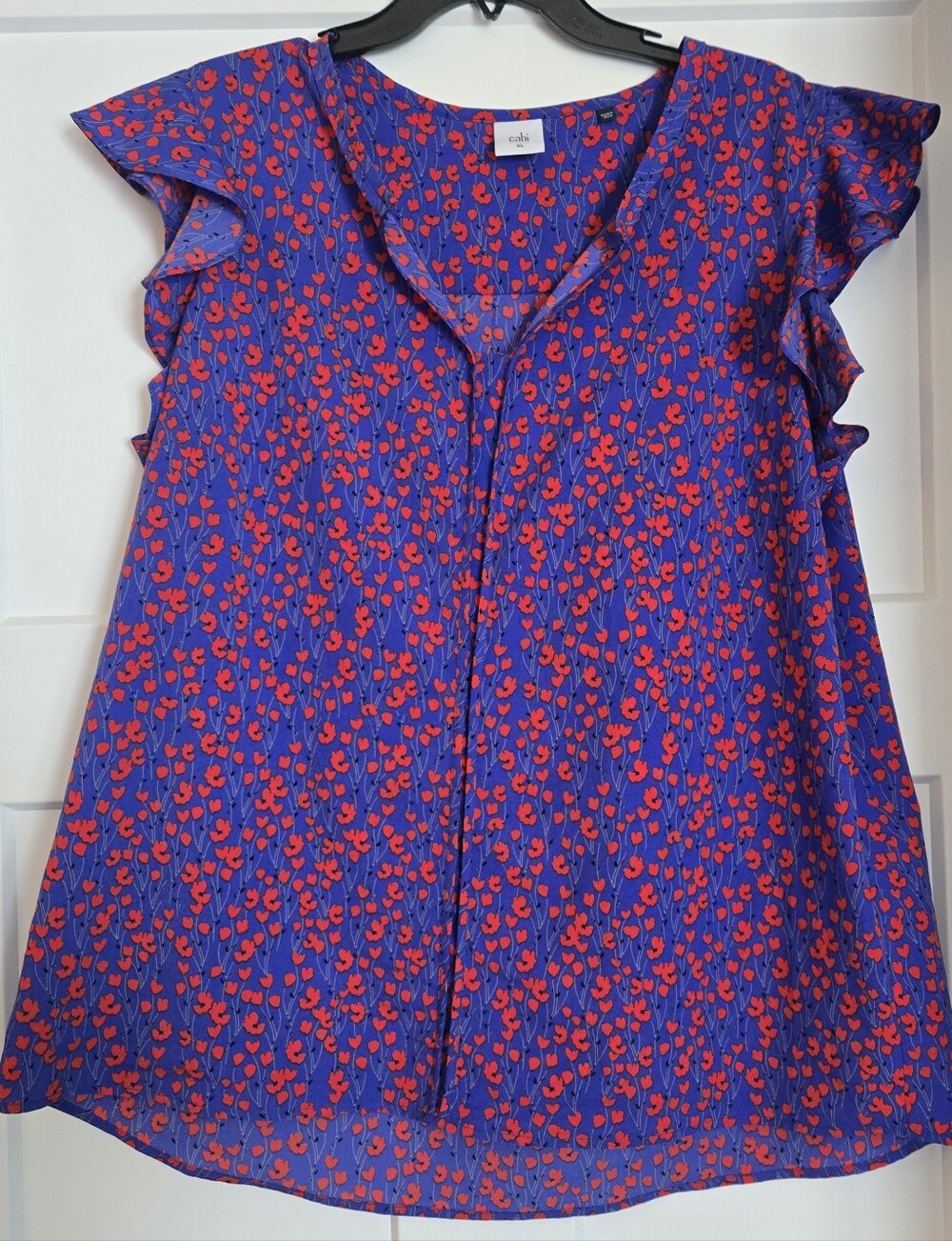 CAbi Blue Floral Print Flutter Sleeve Blouse with Red Accents